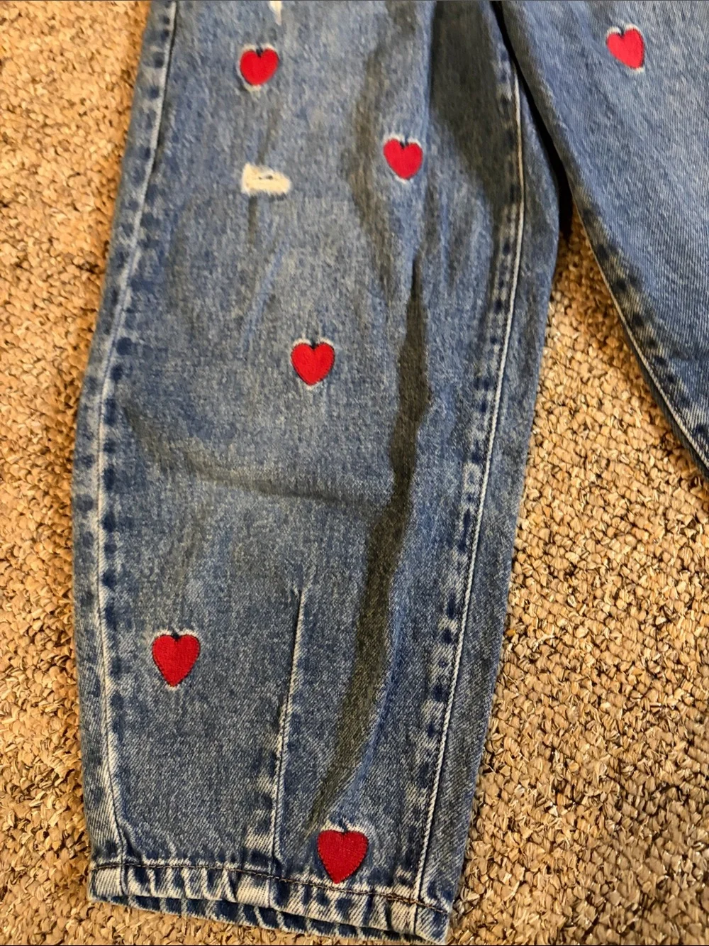 Barrel Jeans Distressed with Red Heart embroidery